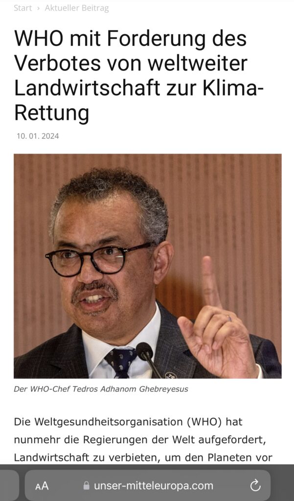 Landwirtschaft im Wandel: Die WHO-Strategie gegen Klimawandel Landwirtschaft im Wandel: Die WHO-Strategie gegen Klimawandel -Screenshot der Falschbehauptung