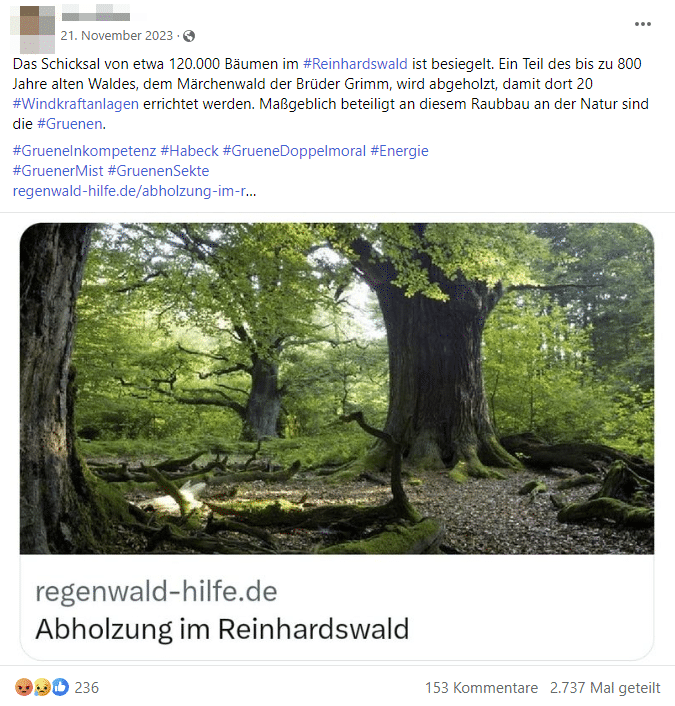 Windpark im Reinhardswald: Öko-Traum oder Albtraum? Windpark im Wald: Öko-Traum oder Albtraum? - Mimikama Dall-E - Screenshot aus den sozialen Medien